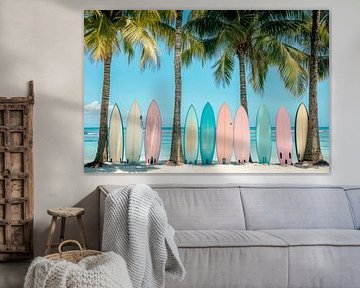 Planches de surf colorées sur la plage sur Poster Art Shop