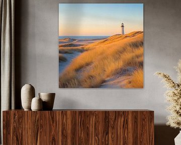 Vuurtoren in gouden licht van Poster Art Shop