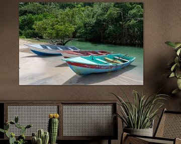 Colourful boats on the river by Bettina Schnittert