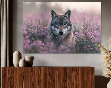 Een wolf kijkt in de camera tussen de paarse heide van Digitale Schilderijen