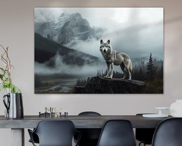 Witte wolf staat op een rots in canada met een prachtig uitzicht op de bergen met mist van Digitale Schilderijen