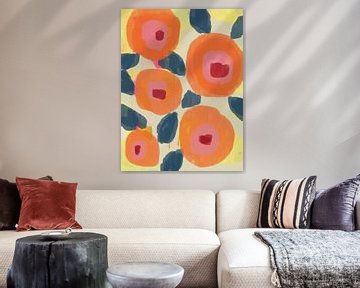 Abstract botanisch. Boho bloemen in oranje, roze, blauw en geel. van Dina Dankers