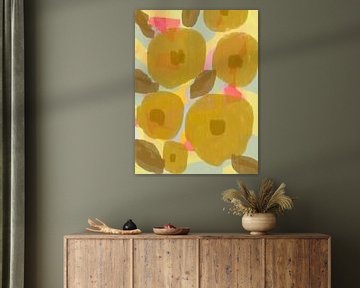 Abstract botanisch. Boho bloemen in oker, donker goud, geel, blauw en roze. van Dina Dankers