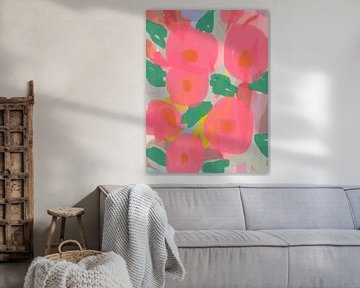 Abstract botanisch. Boho bloemen in neonroze, smaragdgroen en oranje. van Dina Dankers