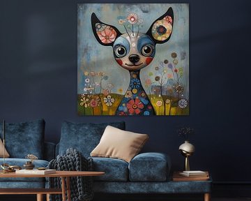 Hund in Blumen künstlerisch