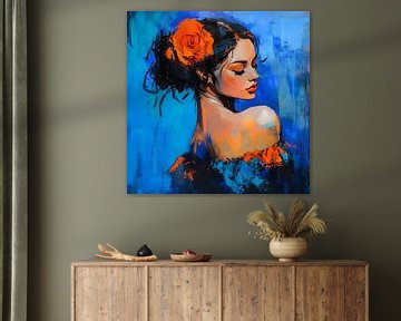 Sensuele vrouw met roos in het haar in aqua blauw en oranje van Lauri Creates