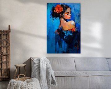 Flamenco danseres met roos in het haar in blauw en oranje van Lauri Creates