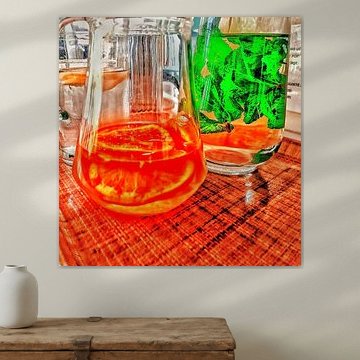 Pop art still life: glass of water with orange and.mint
