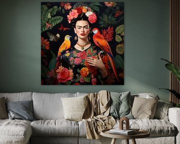 Tropische Kahlo met Papegaaien van Natasja Haandrikman