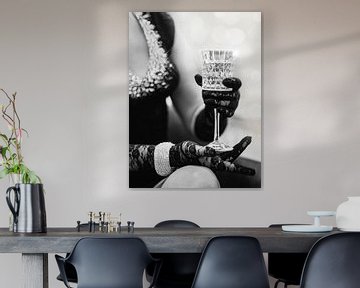 Coquette Girl - Black White Champagne Photo Art Print - Female Glitter Glamour Photography van Dagmar Pels