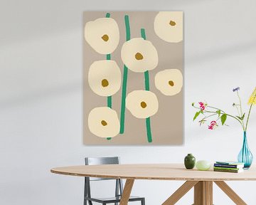 Botanische schetsen. Witte Boho bloemen op warm grijs en groen. van Dina Dankers