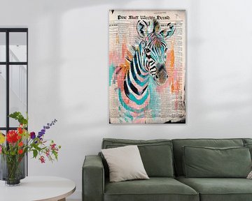 Kleurrijke zebra op krantencollage van Poster Art Shop