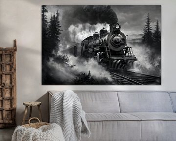 Stomende locomotief in de natuur van Poster Art Shop