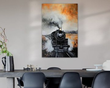Steaming locomotive in the sunset by Poster Art Shop