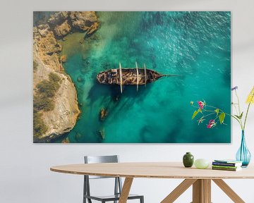 Een oud piratenschip ligt eenzaam in de blauwe zee van Digitale Schilderijen
