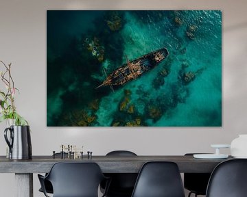 Een oud piratenschip, vervallen en mysterieus, ligt verlaten in de helderblauwe zee van Digitale Schilderijen