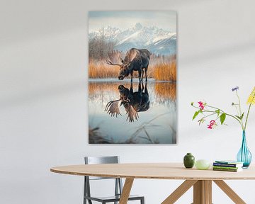 Élan dans la brume matinale au bord du lac sur Poster Art Shop