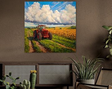 Rode tractor in het gouden veld van Poster Art Shop