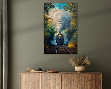 Stoomlocomotief door het bos