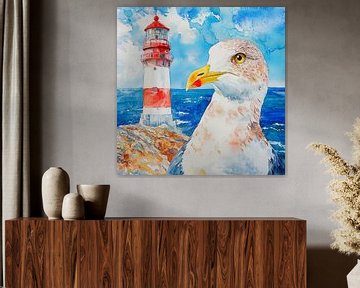 Vuurtoren en zeemeeuw aan zee van Poster Art Shop