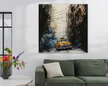 Gele taxi in het stadsbestuur van Poster Art Shop