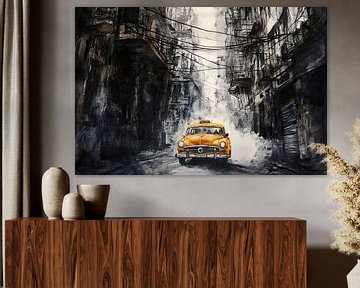 Gele taxi in een stedelijke dystopie van Poster Art Shop