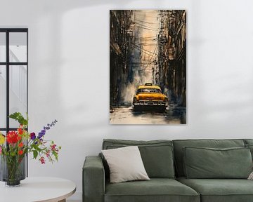 Gele taxi in mistige straat van Poster Art Shop