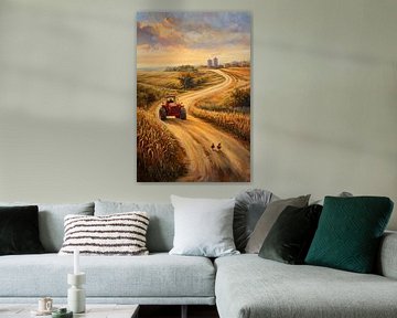 Landschap met tractor en kippen van Poster Art Shop