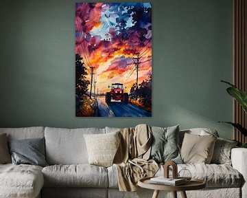 Landschap met tractor in het avondlicht van Poster Art Shop