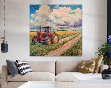 Landschap met rode tractor van Poster Art Shop