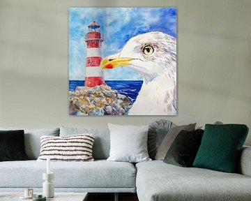 Lighthouse and seagull by the sea by Poster Art Shop