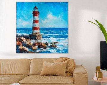 Vuurtoren aan zee onder een blauwe hemel van Poster Art Shop