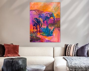 Levende olifanten in een kleurenzee van Poster Art Shop