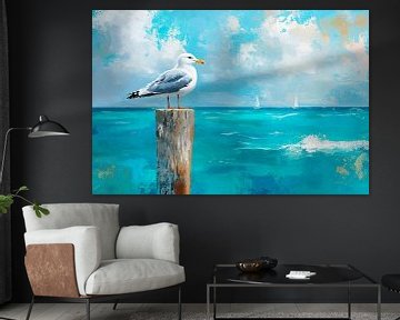 Zeemeeuw in de haven in helder blauw van Poster Art Shop