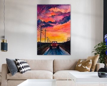 Red road under a colourful sky by Poster Art Shop