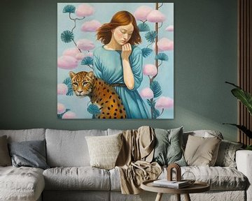 Meisje met luipaard en pluizige marshmallow wolken van Waterside Studio