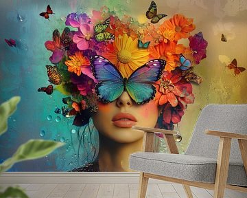 Portrait Frau mit Blumen und Schmetterlingen von Deco item