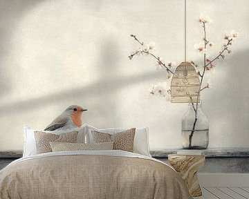 Rotkehlchen mit Blüte, Stillleben von Japandi Art Studio