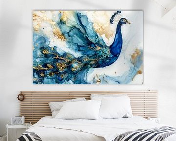 Kunstwerk van een pauw in blauw en goud van Digitale Schilderijen