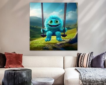 Cheerful blue monster on a swing by Focus op Holland