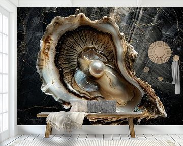 Oester met een glinsterende parel met stijlvolle achtergrond van Digitale Schilderijen