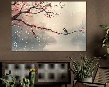 picturesque Japan blossom branch with bird by Egon Zitter