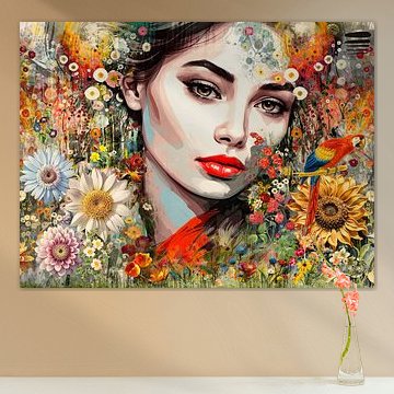 Weibliches Porträt mit Blumen und buntem Papagei