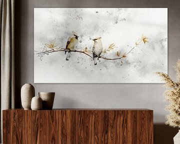 Rustig vogel Schilderij: 2 vogeltjes op een boomtak van Studio Pieternel