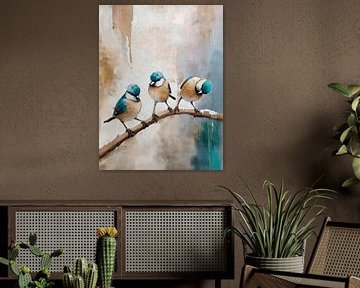 Waterverf schilderij: Drie pimpelmeesjes op een kale tak begin winter van Studio Pieternel