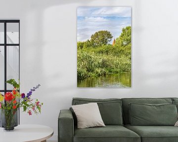 Uitzicht over de rivier de Warnow met bomen en kerktoren bij de van Rico Ködder