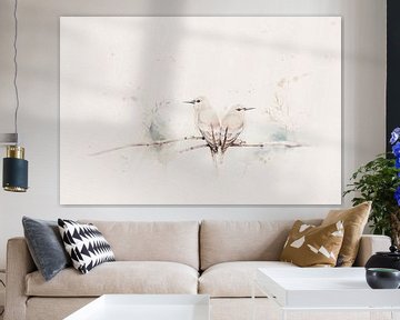 Sereen high key schilderij: Twee vogeltjes op een tak van Studio Pieternel