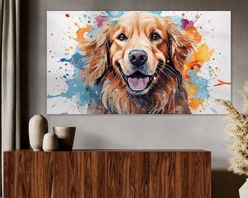 Schilderij van het gezicht van een golden retriever met kleurrijke verfspatten van Animaflora PicsStock