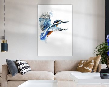 Aquarel ijsvogel in vlucht van Christian Müringer