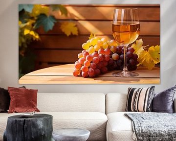 Een glas wijn met druiven op een houten plank met oranje achtergrond van Animaflora PicsStock